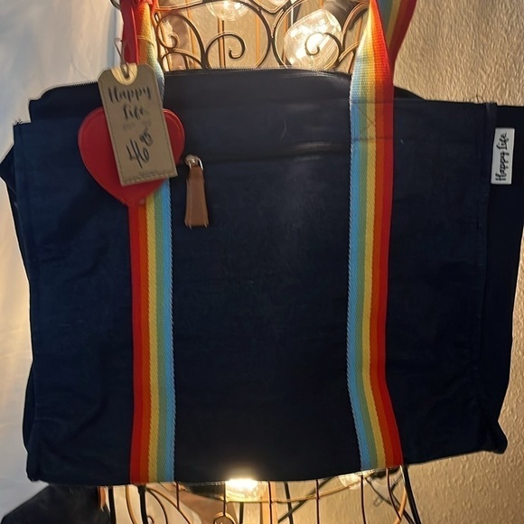 Net denim rainbow tote with attached purse 2 pockets zips closed - Picture 9 of 10